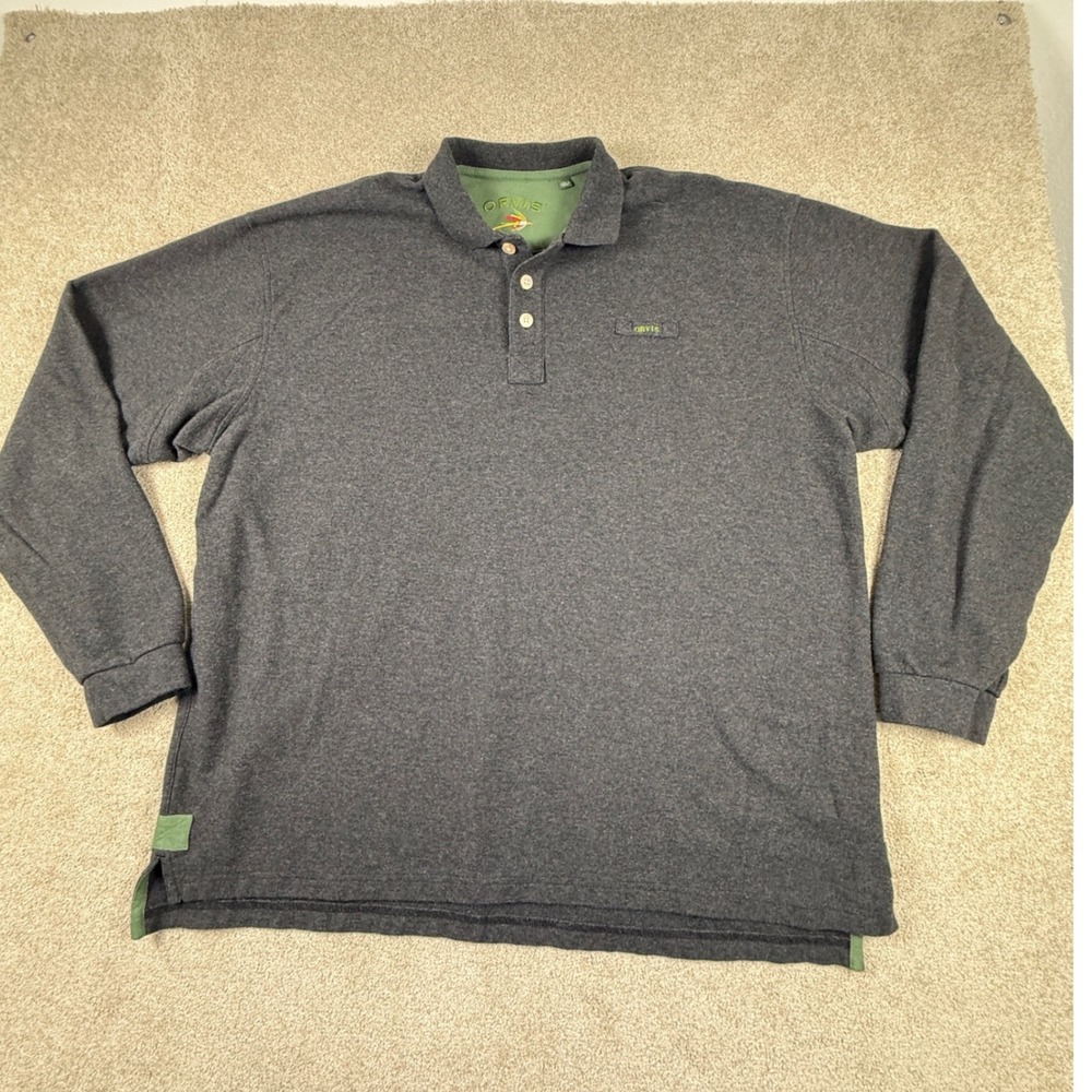 Orvis Mens XXL Tall Long Sleeve Polo Shirt Charcoal Gray Cotton Blend Pique